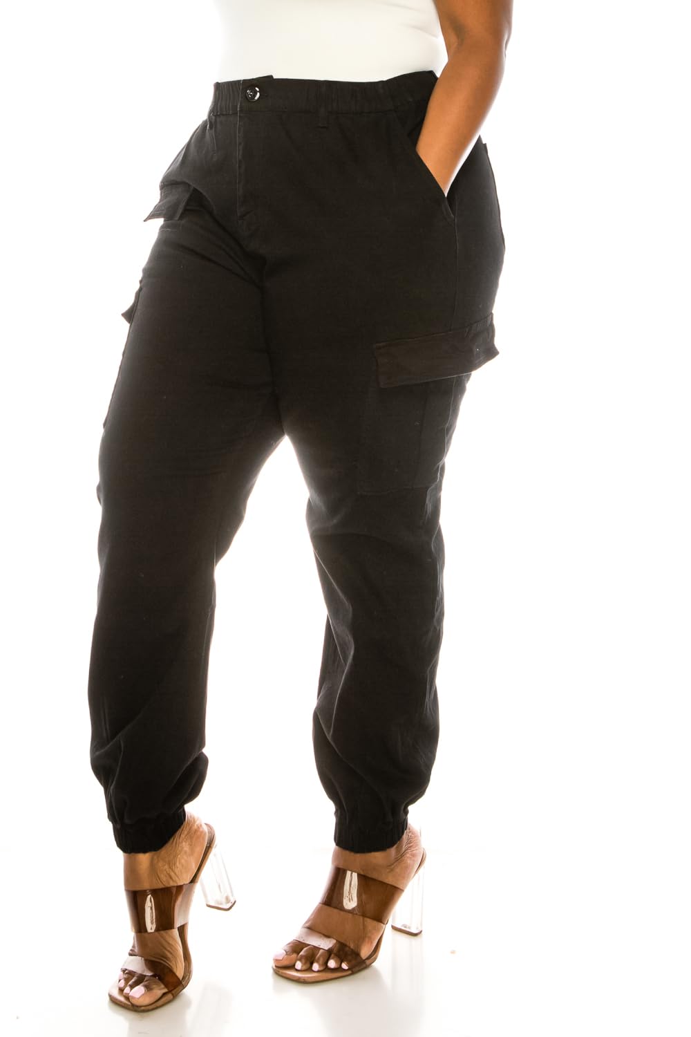 Double Denim January 5th Women's Plus Size High Waist Camouflage Cargo Jogger Elastic Waistband Casual Tapered Pants SCP-2049-BLACK-S