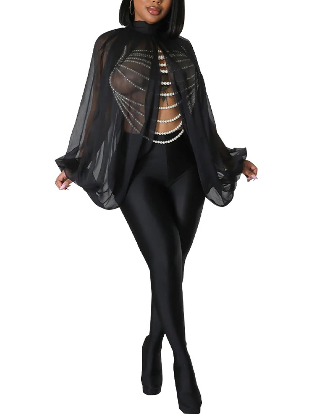 Ophestin Womens Print Sexy Open Back Sheer Chiffon Balloon Sleeve Shirt Blouse Tops Coverup