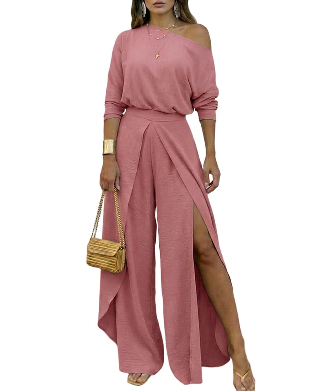 CHICME Women Summer 2 Piece Outfits Off Shoulder Batwing Sleeve Top Flowy Slit Wide Leg Pants Sets Travel Matching Set