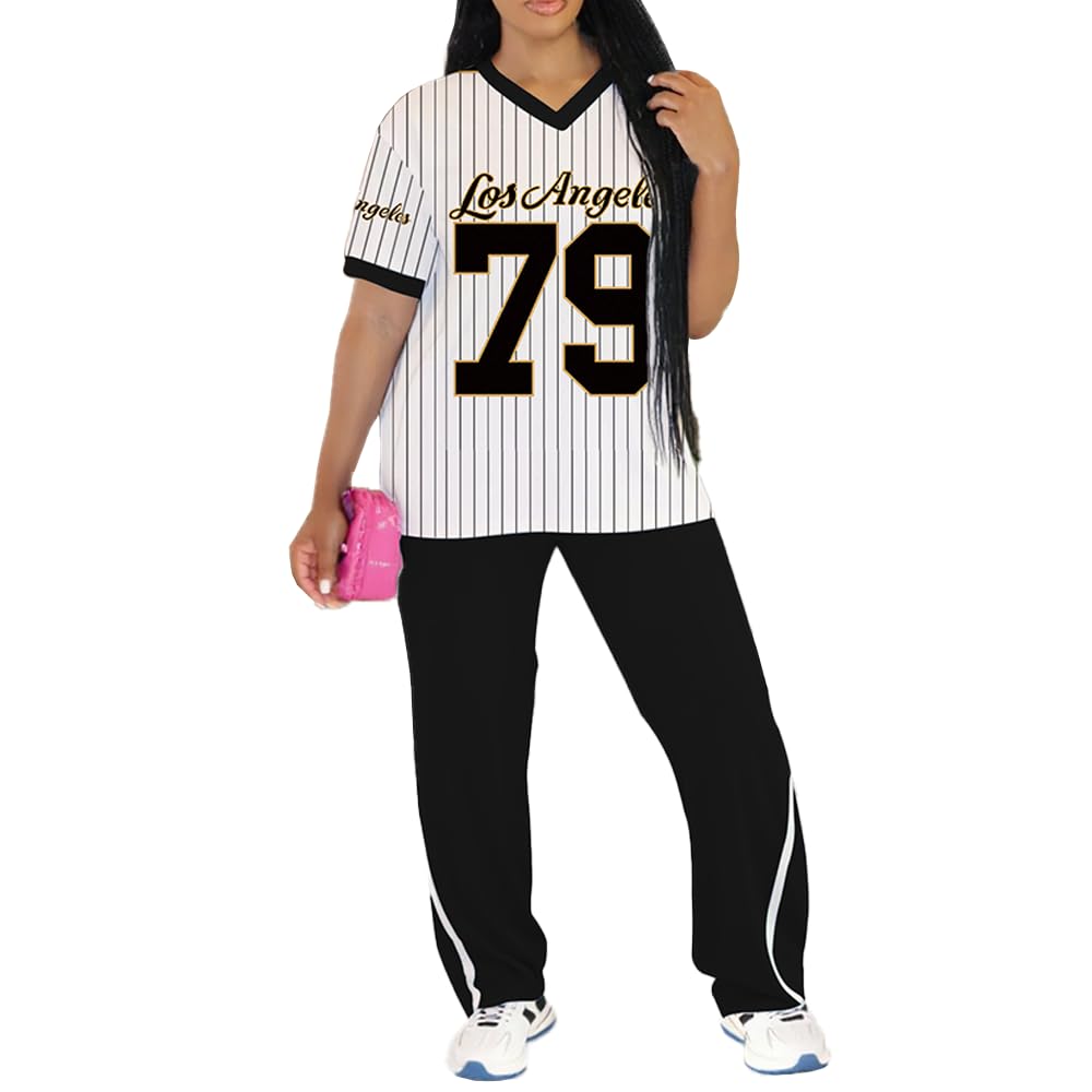 PINSV 2 Piece Sets for Women Summer Casual Outfits Jersey Shirts and High Waisted Pants Sets