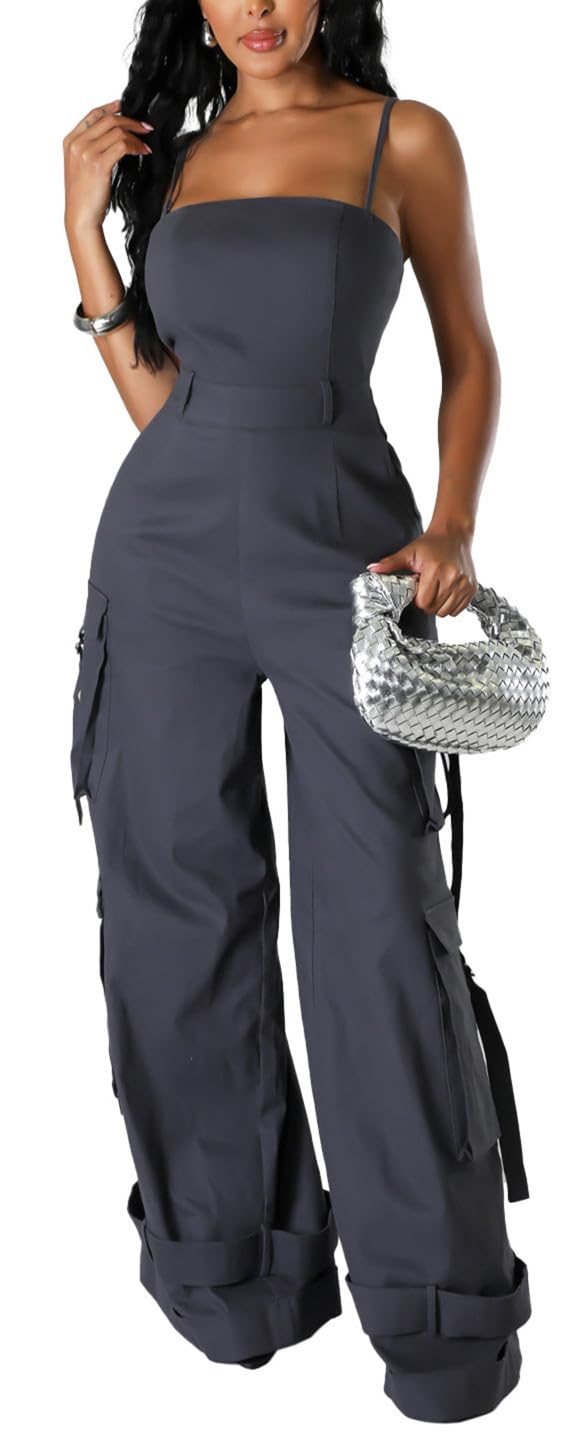 BOKITECAO Womens Cargo Jumpsuit Sexy One Piece Outfit Wide Leg Romper Multi Pockets Overalls