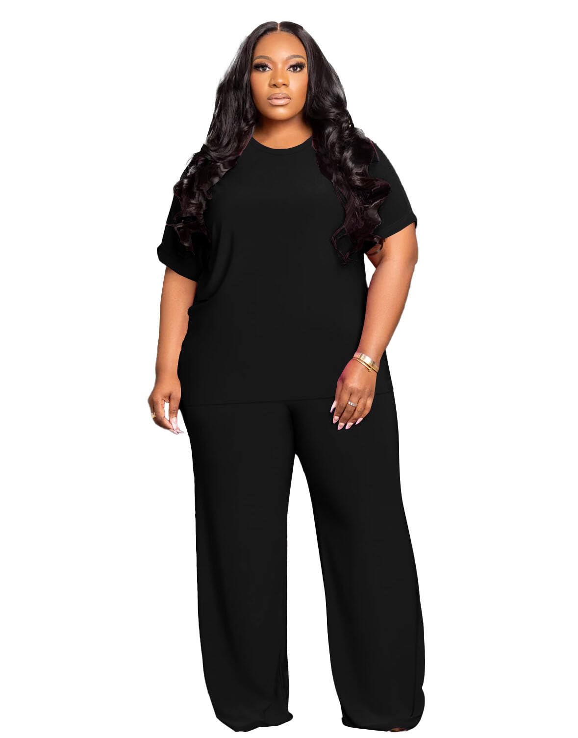 Tycorwd Women's Plus Size Two Piece Outfits Sweatsuits Sets Casual Short Sleeve Tops Loose Wide Leg Pants Tracksuit Sets