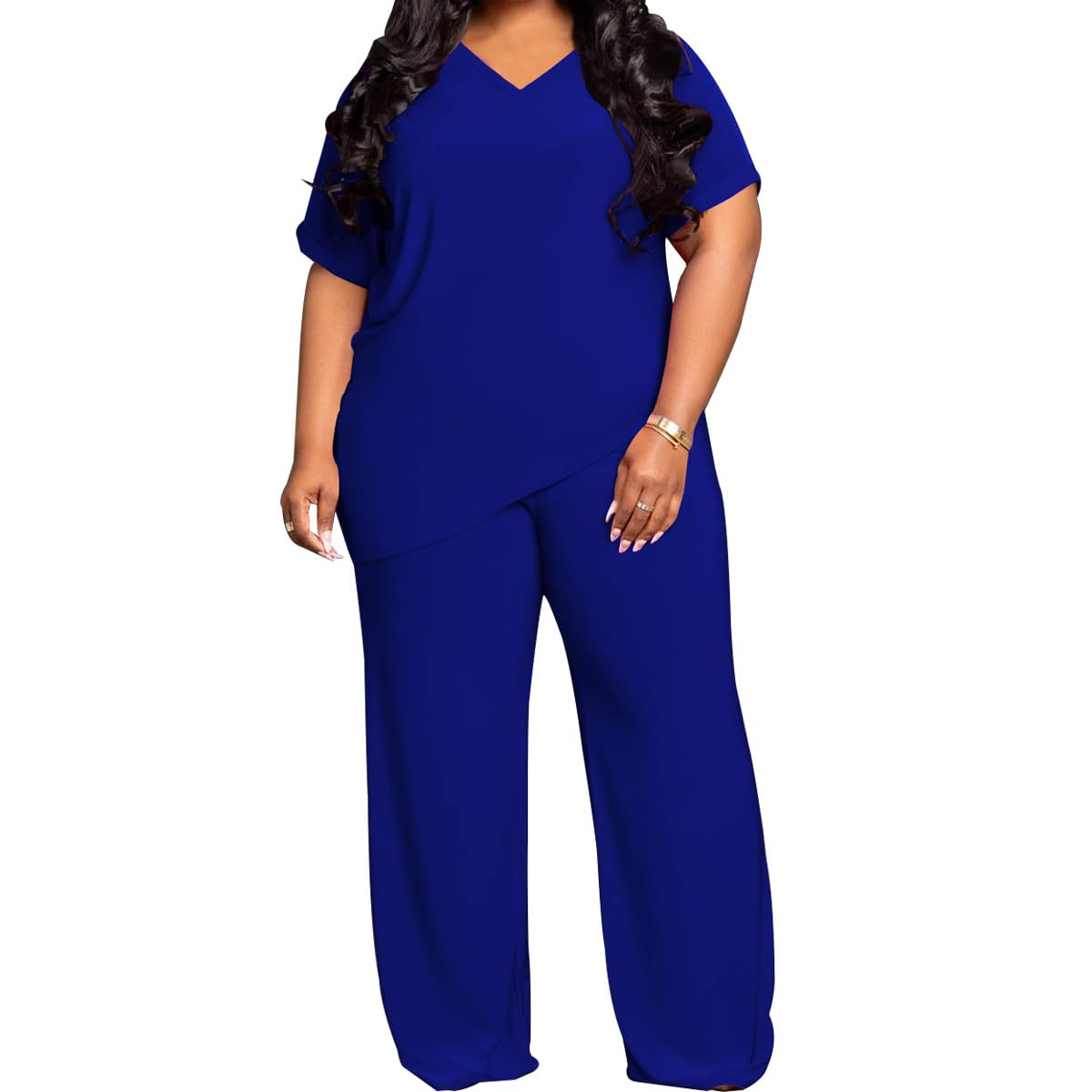 TOPSRANI Womens Plus Size Two Piece Outfits Sweatsuits Casual Tracksuit Short Sleeve Loose Baggy Wide Leg Long Pants Sets