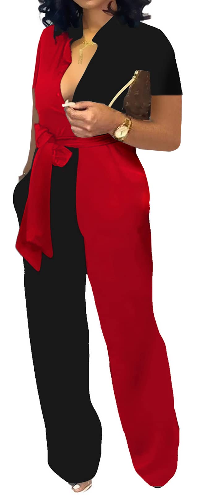 SeNight Women's Jumpsuits Elegant Business Casual Button Down V Neck Long Sleeve Strap Straight Long Pants With Pockets