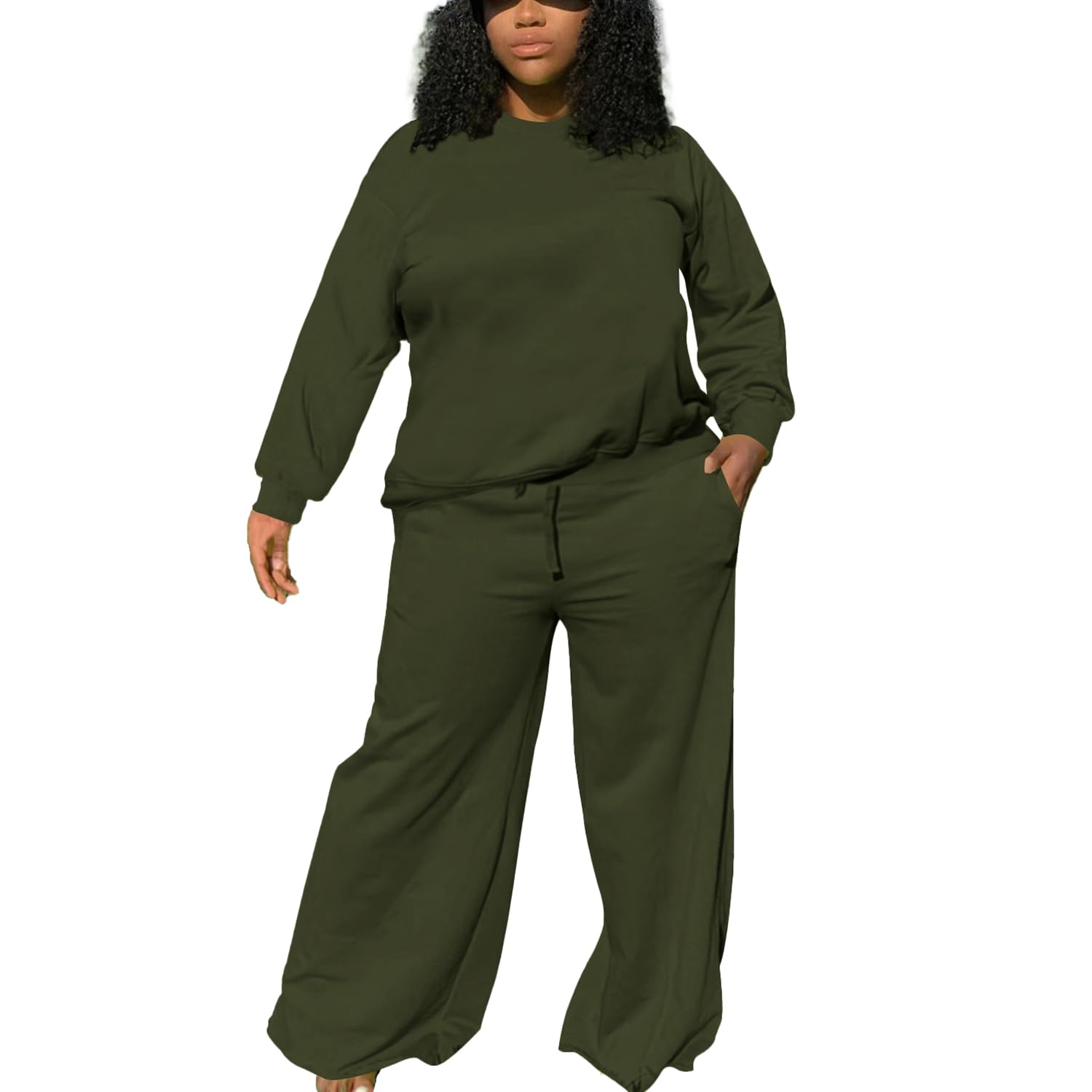 TOPSRANI Womens Plus Size Sweatsuits Tracksuit 2 Piece Outfits Crewneck Lounge Set Long Sleeve Baggy Wide Leg Pant Sets