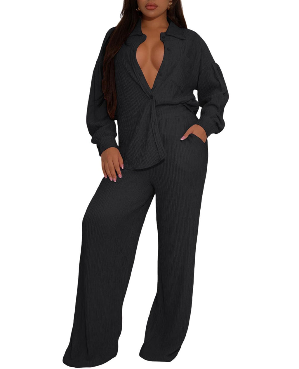 Ophestin Women 2 Piece Dressy Outfits Casual Pleated Long Sleeve Button Down Shirt Wide Leg Pants Loungewear Matching Sets
