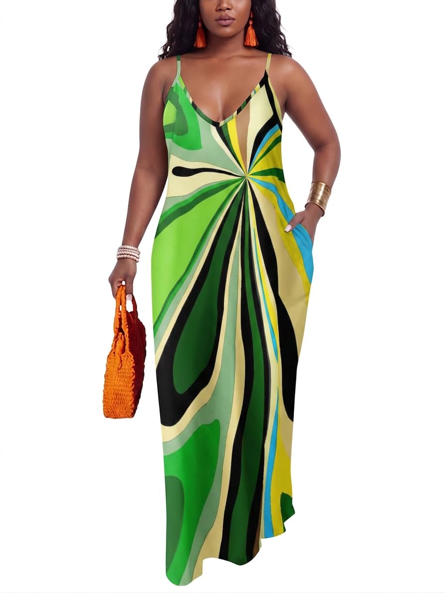 PerZeal Women's Summer Casual Maxi Dresses Sexy Floor Length V-Neck Spaghetti Strap Sleeveless Colorful Sundresses Plus Size