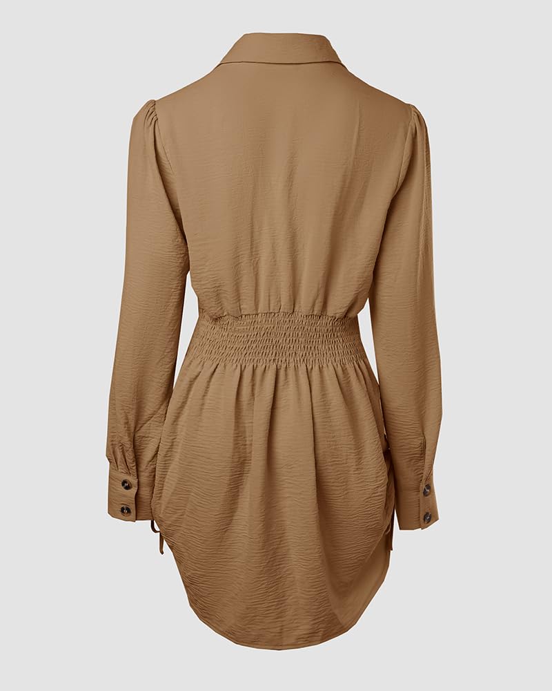 CHICME Women Shirt Dress Long Sleeve Button Down Blouses Side Drawstring Mini Dresses