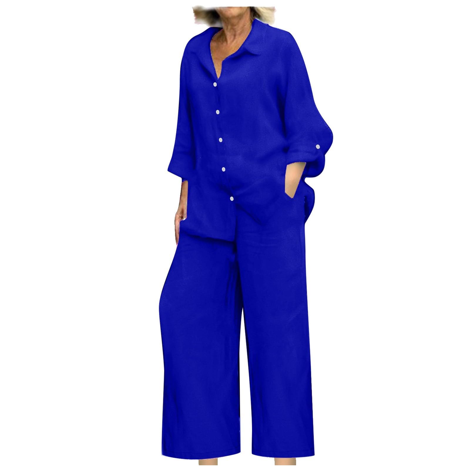 BAOQIN Linen Sets for Women 2 Piece - Womens Long Sleeve Button Down Shirts Summer Wide Leg Breathable Cotton Linen Pants Set