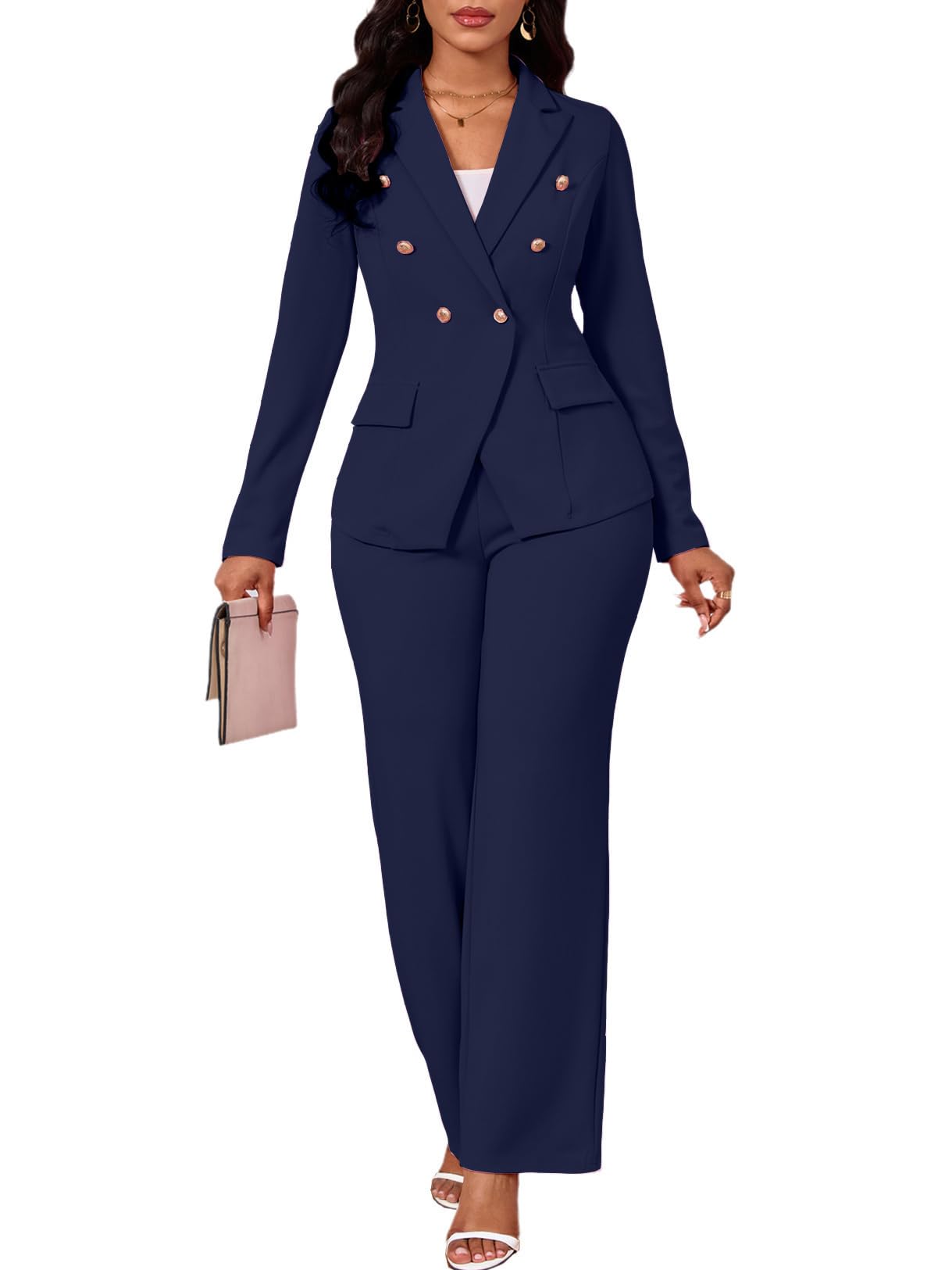 Two Piece Sets for Women Blazer Double Breasted Long Sleeve Jacket Wide Leg Pants Suits Set Business Casual Outfits