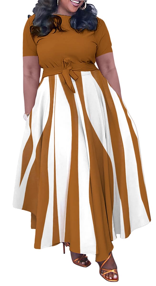 BFFBABY Plus Size Dress A Line Dresses for Women Summer Long Dresses with Sleeve Casual Belted