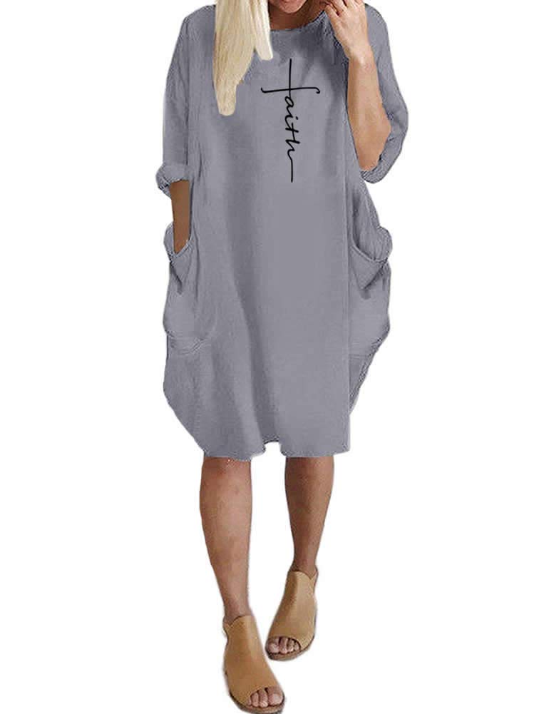Rfecccy Women's Faith Oversize Baggy Long Sleeve T Shirt Causal Loose Midi Dresses with Pockets