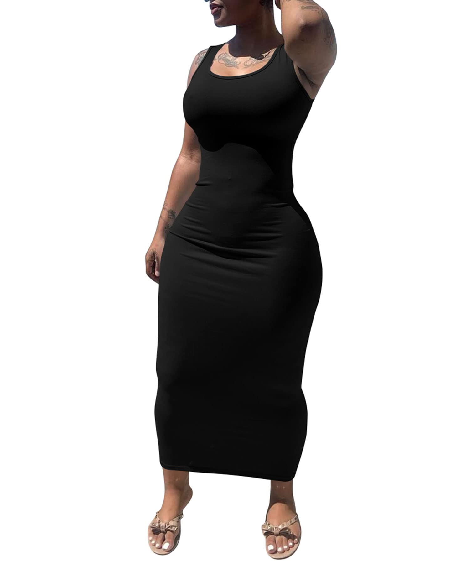 PINSV Women's Sexy Bodycon Tank Dress Basic Sleeveless Long Maxi Dresses Party Club Beach Sundresses