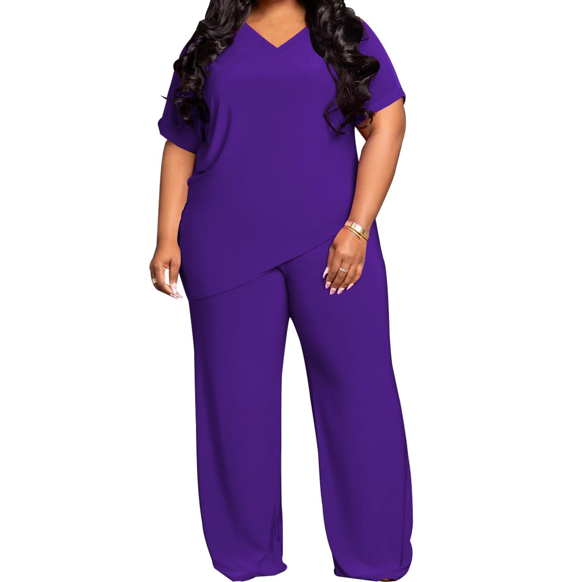 TOPSRANI Womens Plus Size Two Piece Outfits Sweatsuits Casual Tracksuit Short Sleeve Loose Baggy Wide Leg Long Pants Sets