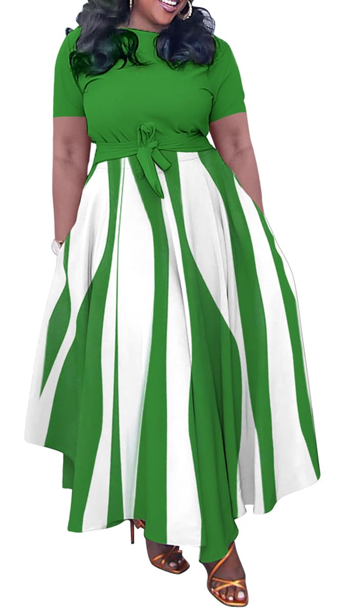 BFFBABY Plus Size Dress A Line Dresses for Women Summer Long Dresses with Sleeve Casual Belted