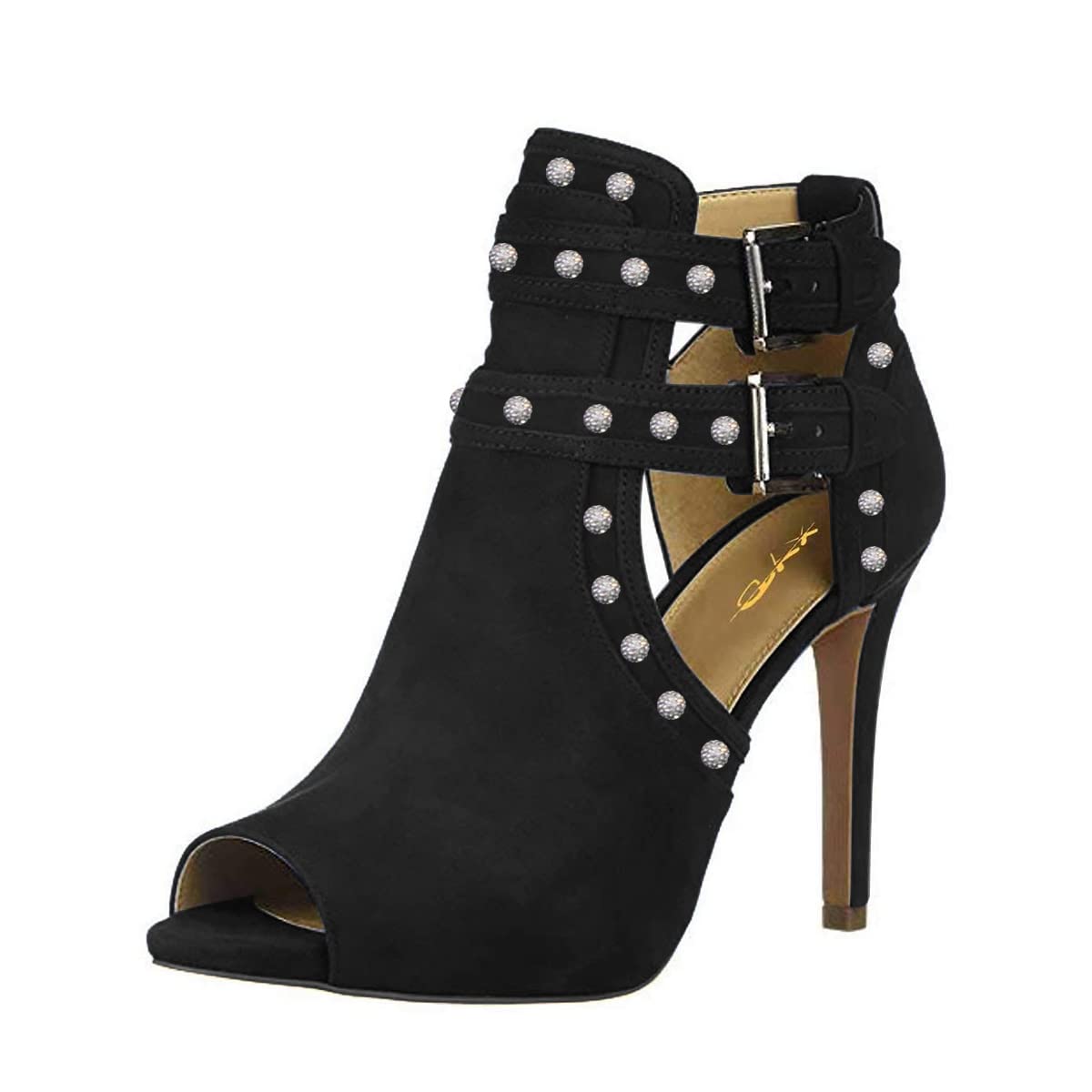 XYD Women Chic Studs Peep Toe Ankle Bootie High Heel Pumps Buckled Double Straps Cutout Fashion Party Shoes