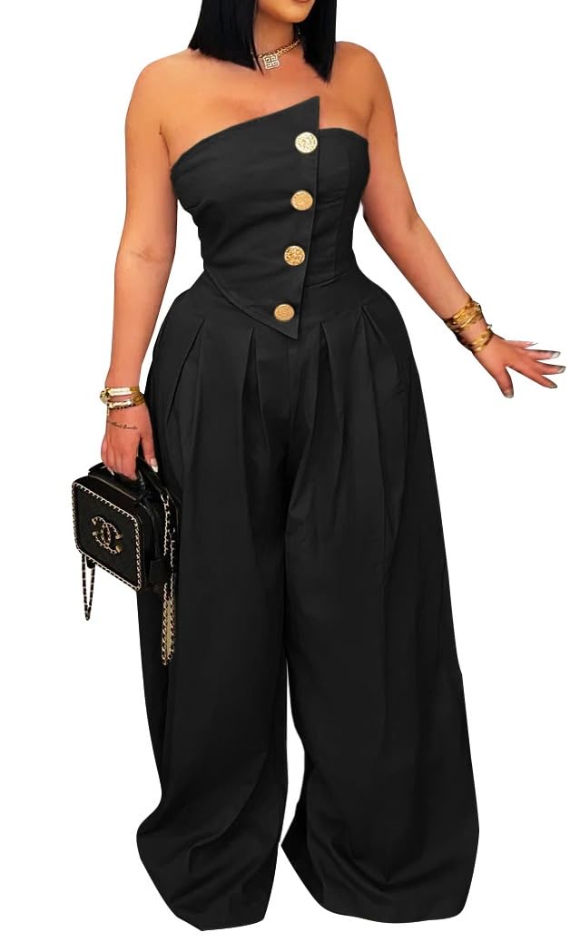 BOKITECAO Womens Cargo Jumpsuit Sexy Strapless One Piece Outfit Off Shoulder Top Ruched Wide Leg Rompers Overalls