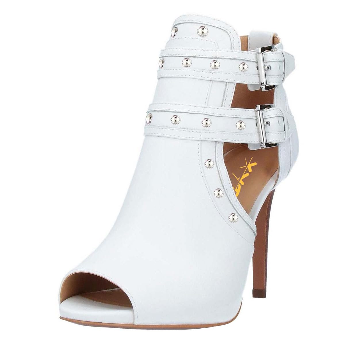 XYD Women Chic Studs Peep Toe Ankle Bootie High Heel Pumps Buckled Double Straps Cutout Fashion Party Shoes