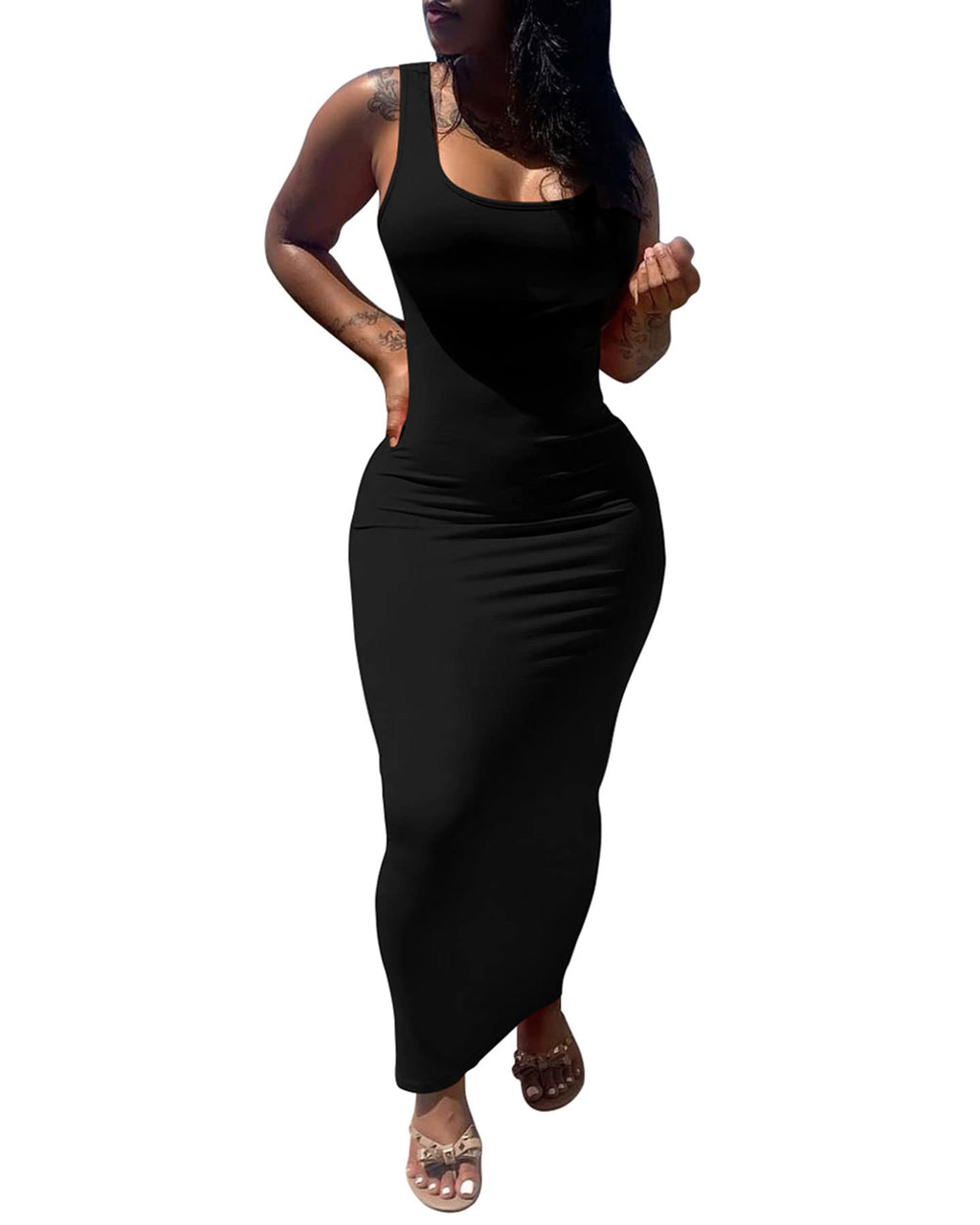 PINSV Women's Sexy Bodycon Tank Dress Basic Sleeveless Long Maxi Dresses Party Club Beach Sundresses