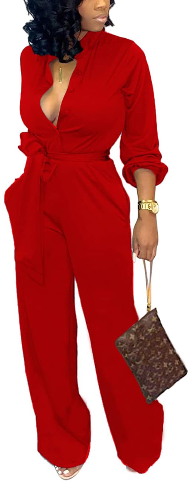 SxClub Jumpsuits for Women Formal Sexy Elegant Long Straight Pants Busineess Party Jumpsuit with Belt Pockets