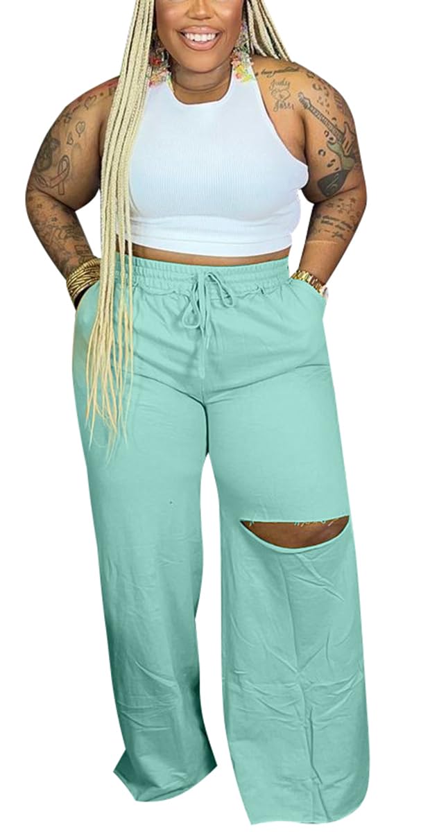 2 Piece Outfits for Women Pure Color Sleeveless Ribbed Knit Tank Top Ripped Wide Legs Long Pants Tracksuit Sport Set
