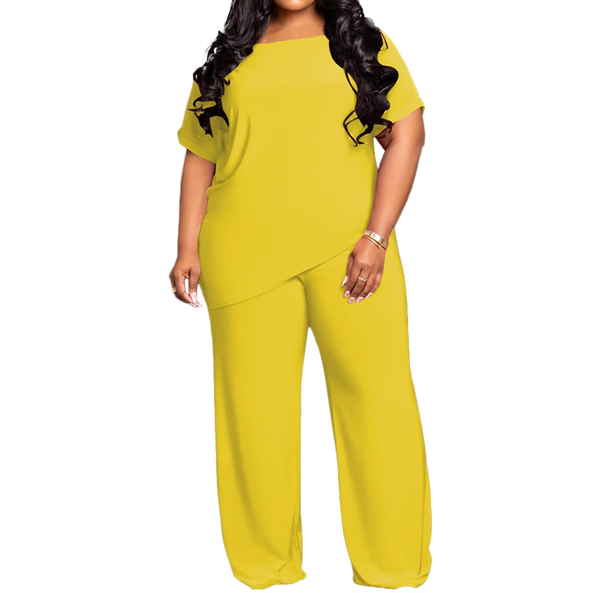 TOPSRANI Womens Plus Size Two Piece Outfits Sweatsuits Casual Tracksuit Short Sleeve Loose Baggy Wide Leg Long Pants Sets