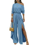 CHICME Women Summer 2 Piece Outfits Off Shoulder Batwing Sleeve Top Flowy Slit Wide Leg Pants Sets Travel Matching Set