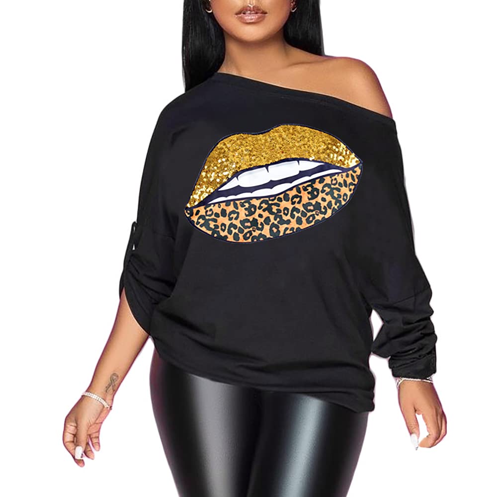 PESION Womens Off The Shoulder Tops Sexy Shiny Metallic Shirts Long Sleeves Fashion Graphic T-Shirts Blouses