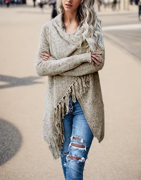 Women's Open Front Knited Tassels Slash Loose Cardigan Crew Neck Speckled Fringe Sweater Outwear