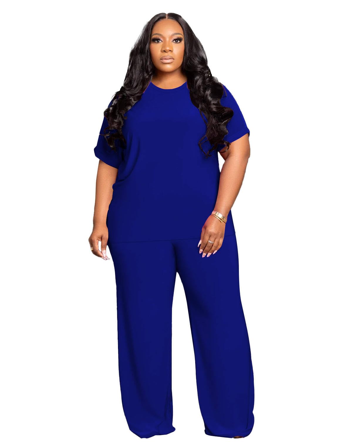 Tycorwd Women's Plus Size Two Piece Outfits Sweatsuits Sets Casual Short Sleeve Tops Loose Wide Leg Pants Tracksuit Sets