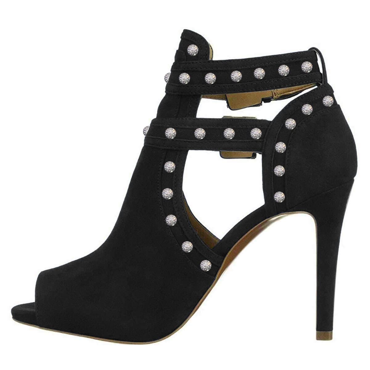 XYD Women Chic Studs Peep Toe Ankle Bootie High Heel Pumps Buckled Double Straps Cutout Fashion Party Shoes
