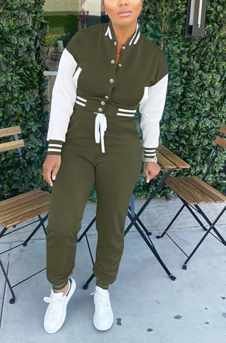 Fooullaide Women's Varsity Jacket Sweatsuit 2 Piece Tracksuit Crop Top Button Down Letterman Jackets Pants Sets