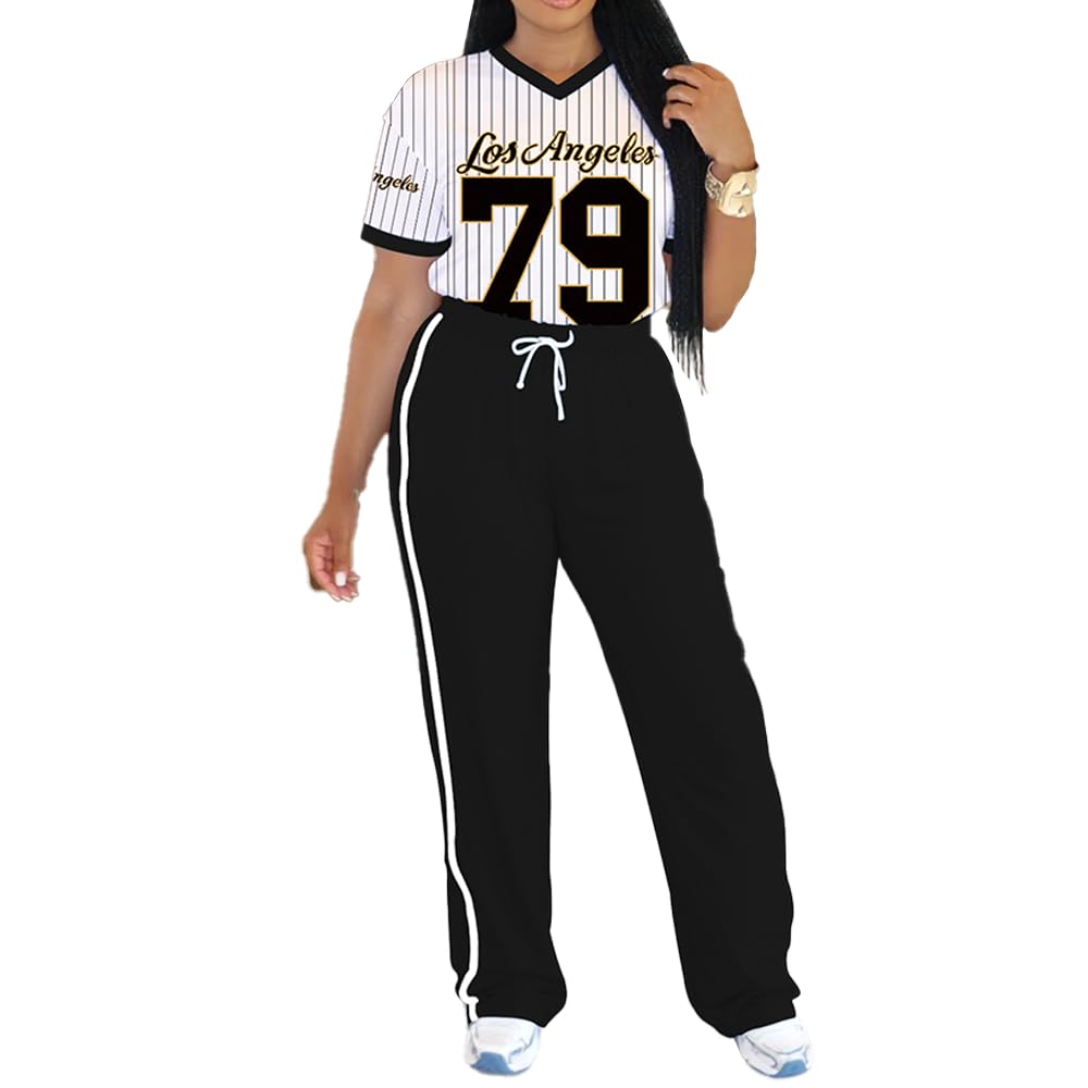 PINSV 2 Piece Sets for Women Summer Casual Outfits Jersey Shirts and High Waisted Pants Sets