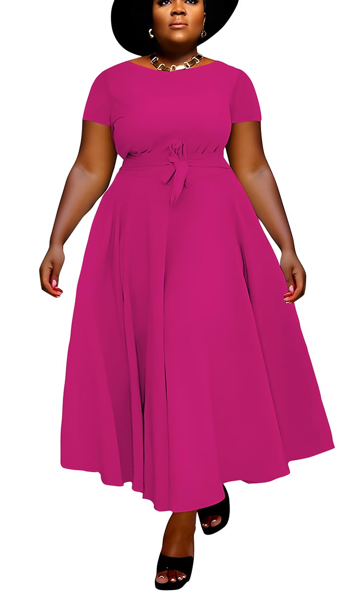 BFFBABY Plus Size Dress A Line Dresses for Women Summer Long Dresses with Sleeve Casual Belted