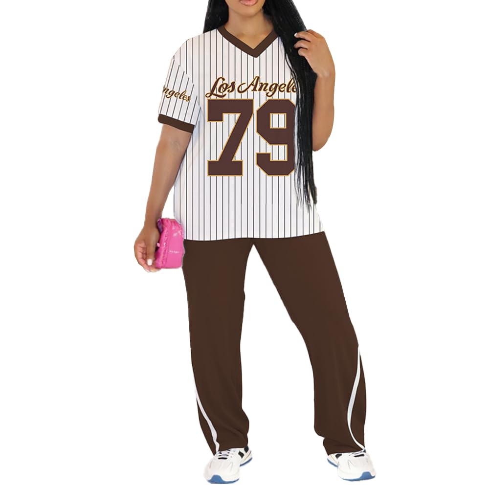 PINSV 2 Piece Sets for Women Summer Casual Outfits Jersey Shirts and High Waisted Pants Sets