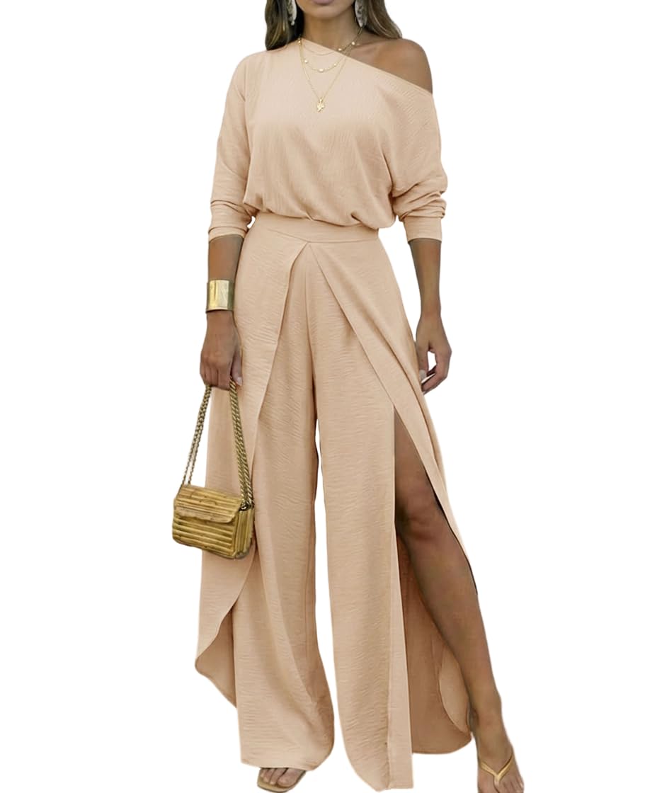 CHICME Women Summer 2 Piece Outfits Off Shoulder Batwing Sleeve Top Flowy Slit Wide Leg Pants Sets Travel Matching Set