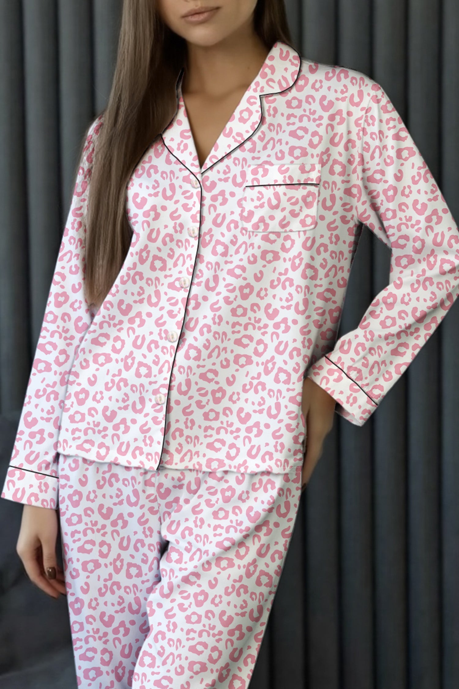 Pink Leopard Print Long Pajama Set – Lapel Button Front Top & Elastic Pants
