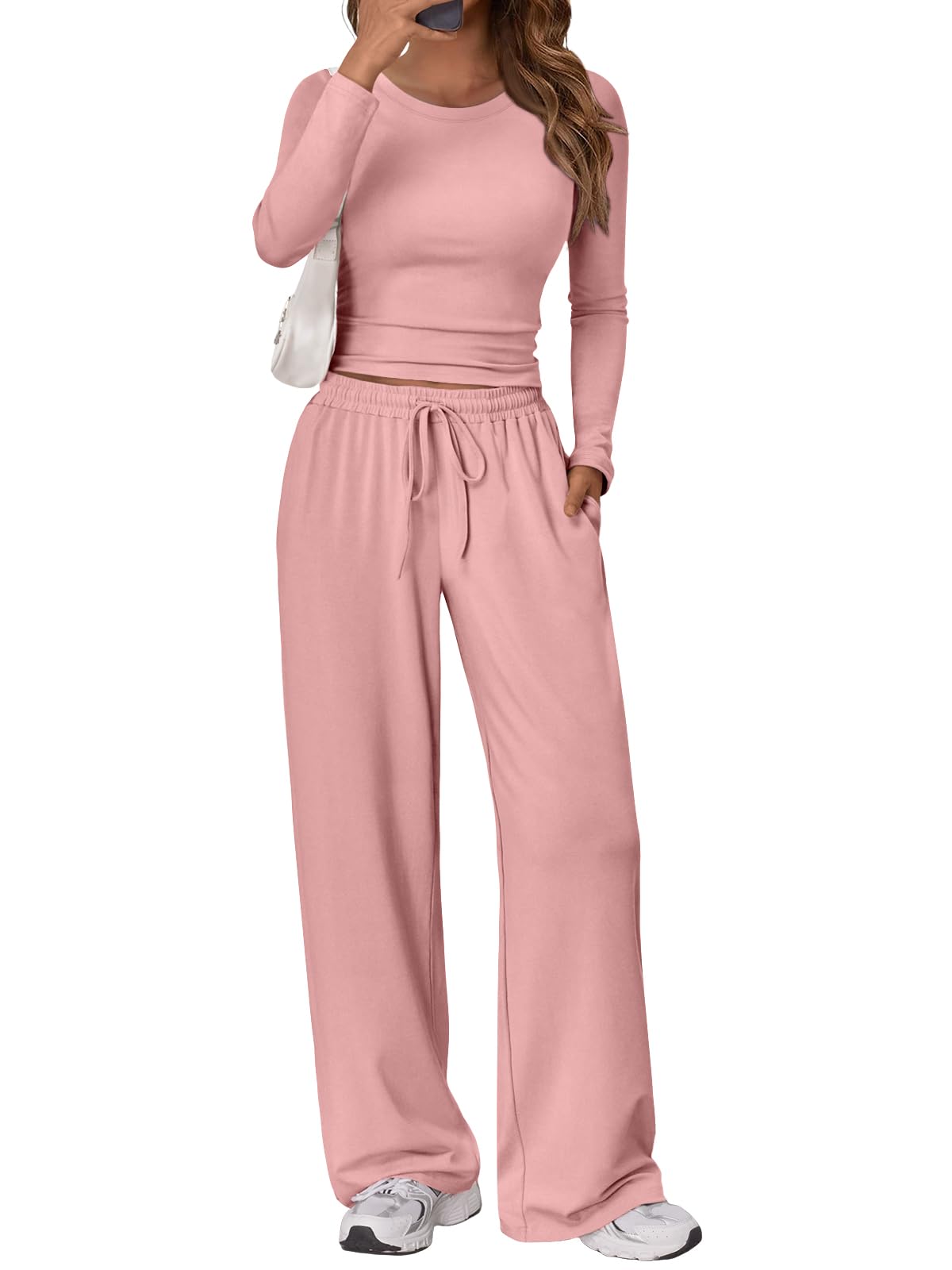 Trendy Queen Women's 2 Piece Matching Lounge Set Long Sleeve Side Ruching Top Wide Leg Drawstring Pants Set with Pockets