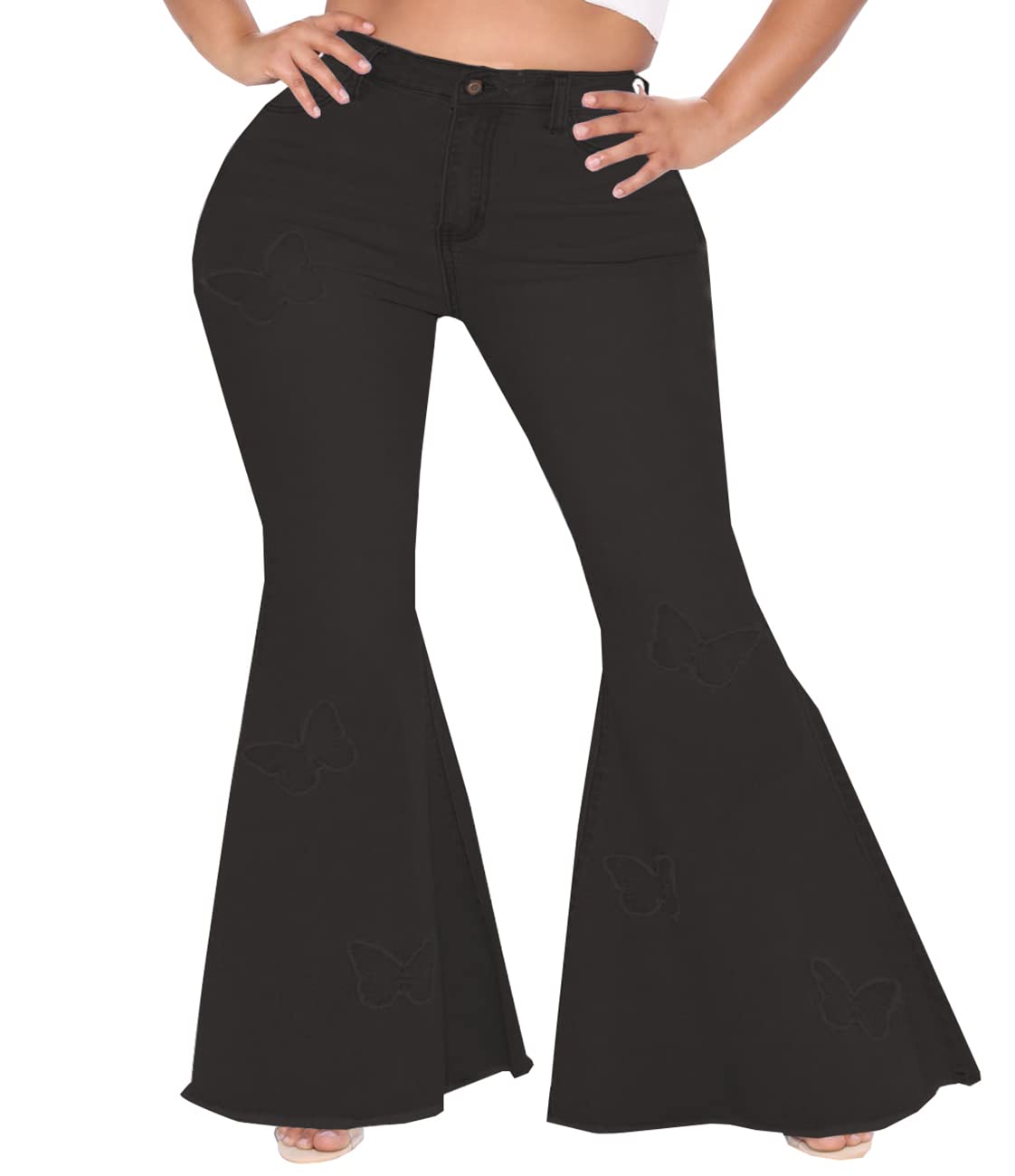 BessCops Plus Size Bell Bottom Jeans for Women Elastic High Waisted Classic Flared Denim Pants