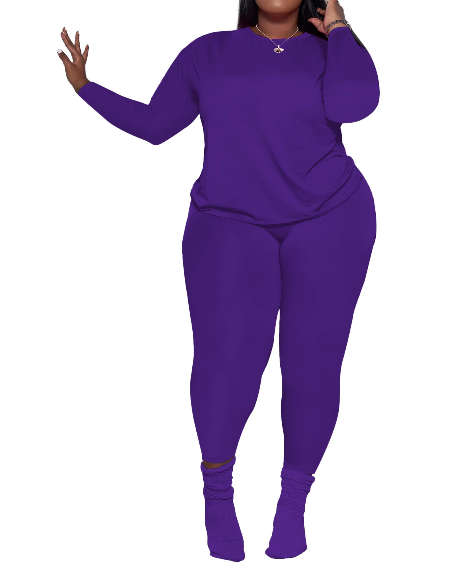 PINSV Women's Plus Size 2 Piece Outfits Tracksuits Long Sleeve Top Pants Sets Sweatsuit