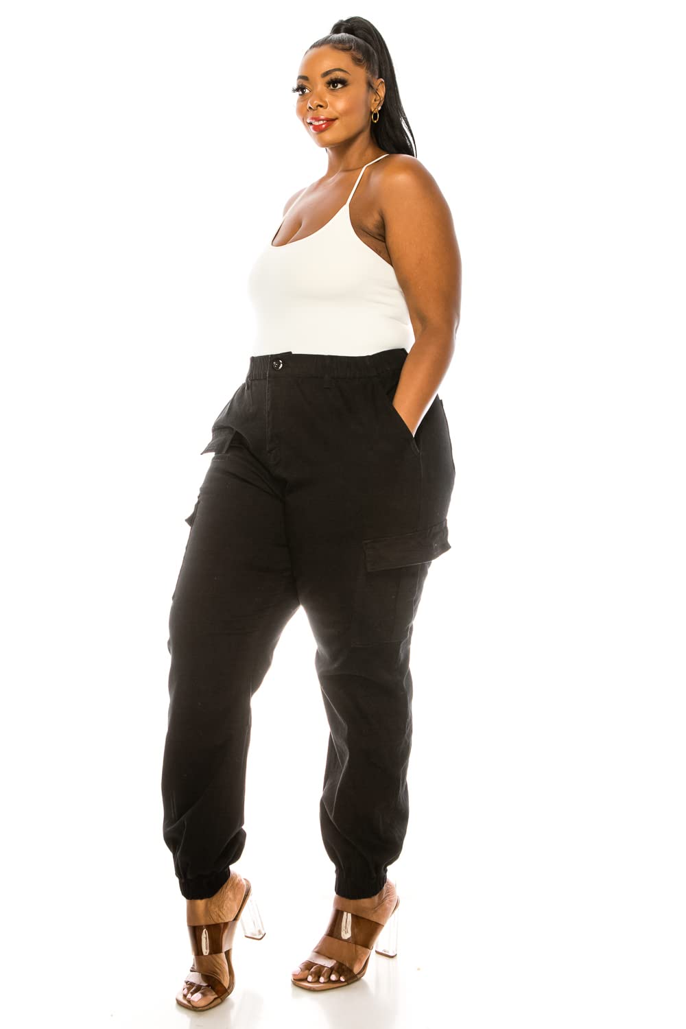 Double Denim January 5th Women's Plus Size High Waist Camouflage Cargo Jogger Elastic Waistband Casual Tapered Pants SCP-2049-BLACK-S