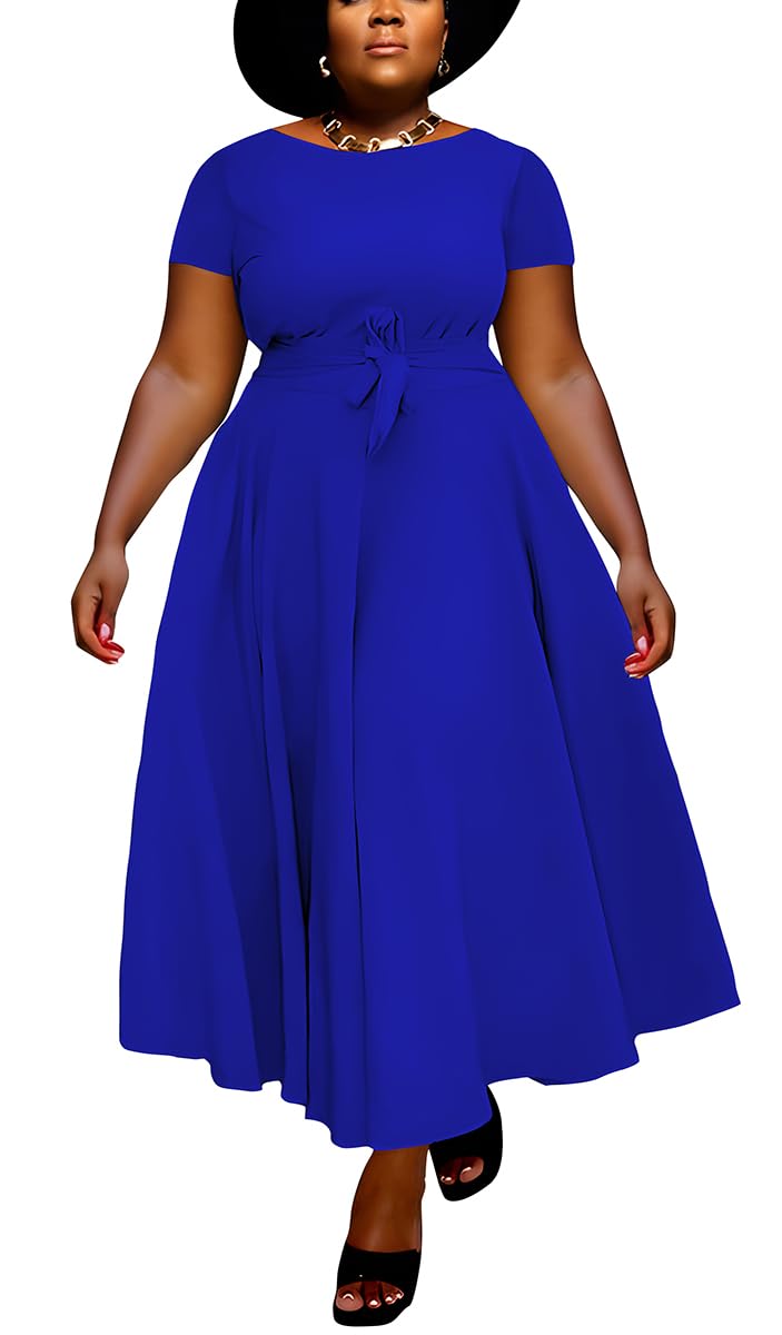 BFFBABY Plus Size Dress A Line Dresses for Women Summer Long Dresses with Sleeve Casual Belted