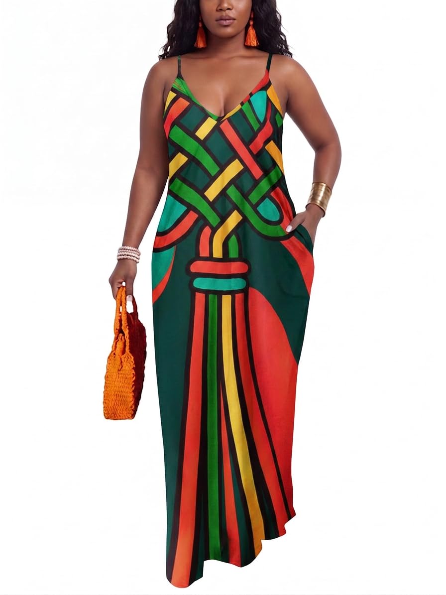 PerZeal Women's Summer Casual Maxi Dresses Sexy Floor Length V-Neck Spaghetti Strap Sleeveless Colorful Sundresses Plus Size