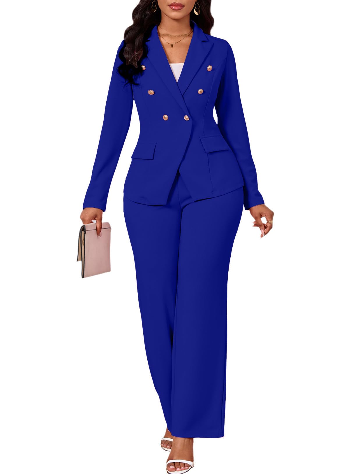 Two Piece Sets for Women Blazer Double Breasted Long Sleeve Jacket Wide Leg Pants Suits Set Business Casual Outfits