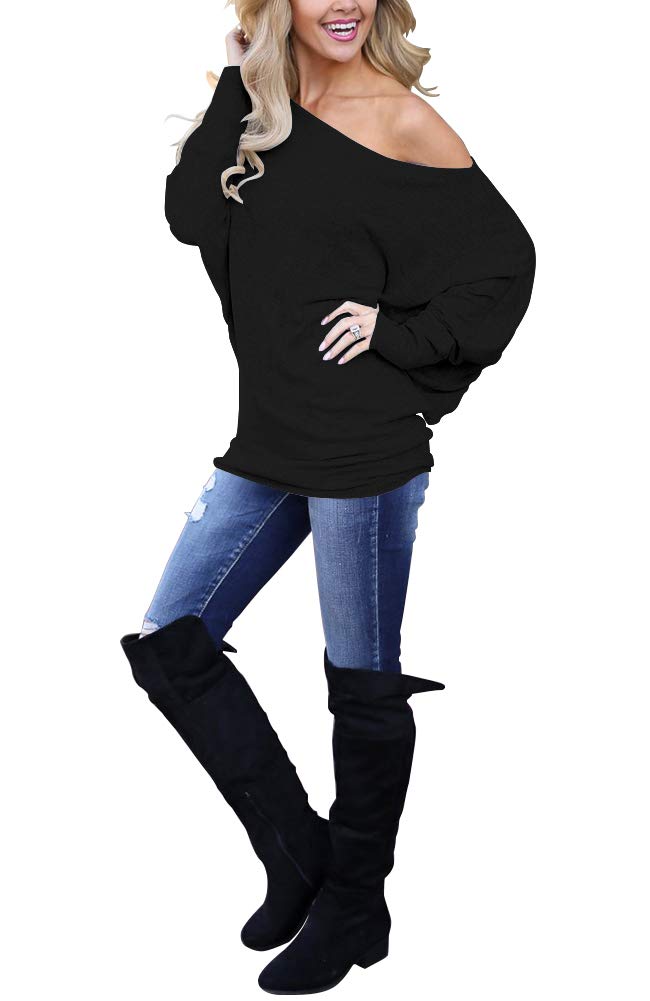 Lacozy Women's Off Shoulder Long Sleeve Oversized Pullover Sweater Knit Jumper Loose Tunic Tops