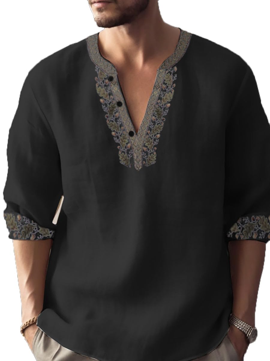 Mens Henley Shirts Summer Casual Button Banded Collar T Shirts Vintage Long Sleeve Cotton Linen Beach Pullover Tops