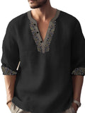 Mens Henley Shirts Summer Casual Button Banded Collar T Shirts Vintage Long Sleeve Cotton Linen Beach Pullover Tops