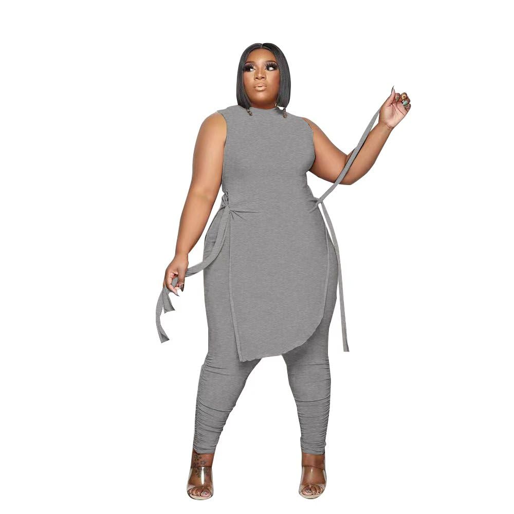 Dmoled Women Plus Size 2 Piece Outfits Jumpsuit Camouflage Print Sleeveless Slit Tunic Tops Pant Set