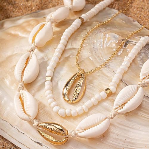 YANCHUN Shell Necklace Beach Jewelry for Women Sea Shell Necklace Layered Gold Shell Charm Necklaces Summer Outfits for Women Beach Fashion Accessories