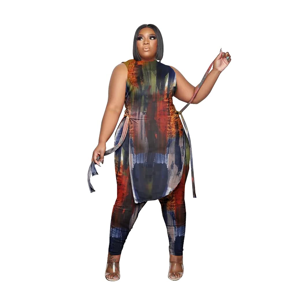 Dmoled Women Plus Size 2 Piece Outfits Jumpsuit Camouflage Print Sleeveless Slit Tunic Tops Pant Set